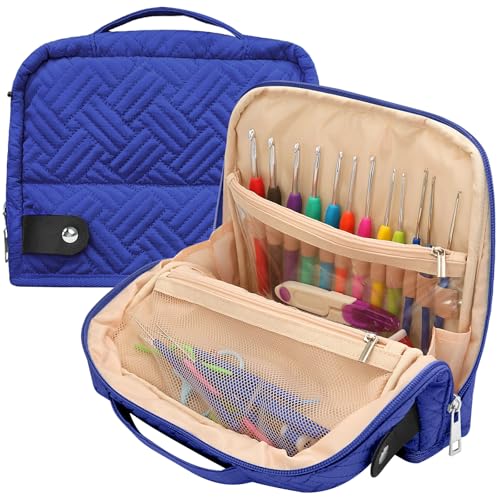 Tasche für Strickennadel Crochet Hook Case Organizer (Leer ohne Zubehör), Stricknadeltasche mit Netzfächern, Reise Tragetasche für Häkelnadeln Stricknadeln Werkzeuge Zubehör,Blau von Surmounty