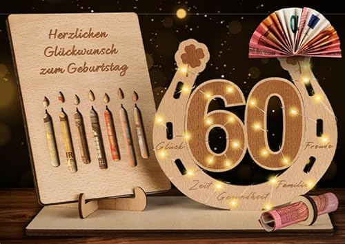 Surple 60 Geburtstag Deko Holz-Schild mit LED Gästebuch & Lichterkette Ständer,60 Geburtstag Deko Geschenke Geburtstag Männer & Frauen, Geldklammer Ornamente Deko Personalisierbares Geschenk von Surplex