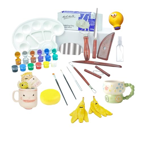 Surple Ton Töpferset für zu Hause für Anfänger Kinder & Erwachsene, Töpferset & Keramik DIY StarterKit, Lufttrocknend, Bastelset Beinhaltet Lufthärtender Ton, Modellierwerkzeuge und Acrylfarben von Surplex