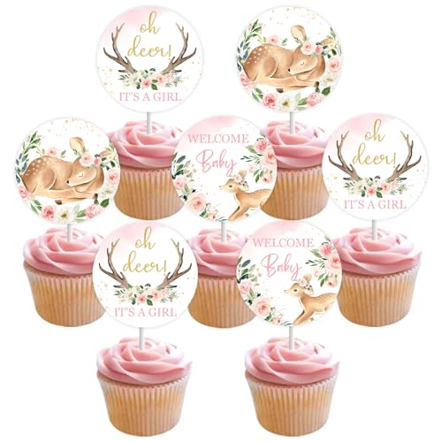 Deer Baby Dusche Dekorationen für Mädchen, 24 Stück Oh Deer Es ist ein Mädchen Cupcake Toppers, Willkommen Baby Cupcake Picks rosa, Rehkitz Doe Woodland Tier Baby Dusche Party Supplies von Sursurprise