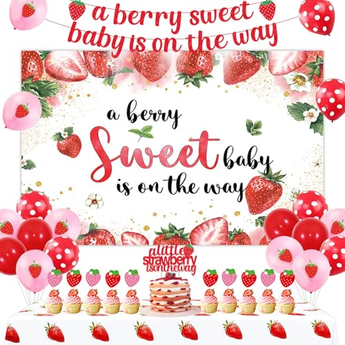 Erdbeer-Baby-Party-Dekorationen, A Berry Sweet Baby Is On The Way Dekorationen Hintergrund Banner Erdbeerballons Tischdecke, Obstthemed Party Supplies von Sursurprise