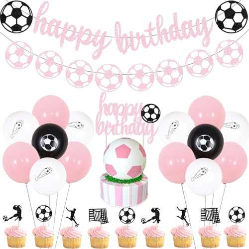 Sursurprise Fußball Geburtstag Party Dekorationen für Mädchen Rosa Fußball Geburtstag Banner Girlande Kuchen Topper Ballon für Sport Thema Geburtstag Party Supplies von Sursurprise