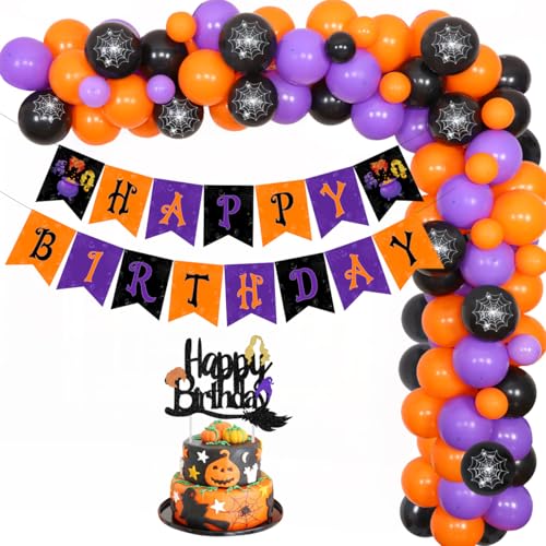 Sursurprise Halloween Hexen Geburtstag Dekorationen, Luftballons Girlande Kit Happy Birthday Banner Cake Topper Glitzer, Gruselige Party Supplies Schwarz Lila Orange für Mädchen von Sursurprise