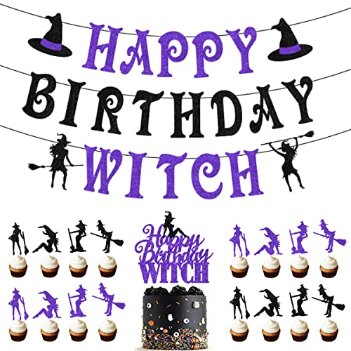 Hexe Thema Halloween Geburtstag Party Dekorationen, Happy Birthday Hexe Glitzer Banner Kuchen Cupcake Toppers Schwarz und Lila, Lustige Horror Party Supplies für Frauen von Sursurprise