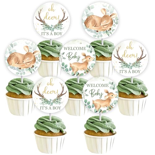 Hirsch Baby-Dusche-Dekorationen für Jungen, 24 Stück Oh Deer It's A Boy Cupcake Toppers, Welcome Baby Cupcake Picks Grün, Hirsch Waldtier Baby Dusche Party Supplies von Sursurprise