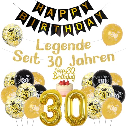 Lustige 30th Geburtstag Dekorationen Schwarz und Gold Legende für 30-Jahre Dekorationen, Happy Birthday Banner Glitter Kuchen Topper, 30th Folie Ballons Party Dekor für Männer Frauen Dreißig Jahre alt von Sursurprise