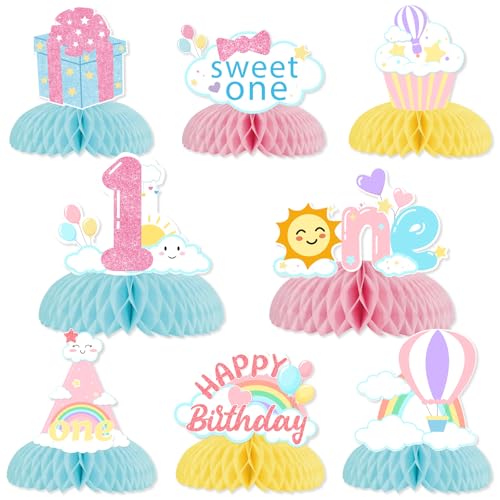 Sursurprise 1. Geburtstag Dekorationen Pastell für Mädchen, 8 Stück Regenbogen Tisch Mittelstück Honeycomb Sweet One Tischdekorationen 1 Jahr alt Geburtstag Party Supplies von Sursurprise