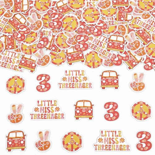 Sursurprise 200Pcs Groovy Little Miss Threenager 3. Geburtstag Konfetti, Retro Mädchen dritten Geburtstag Tabelle Scatters Dekor, Hippie Boho 3 drei Jahre alt Bday Party von Sursurprise