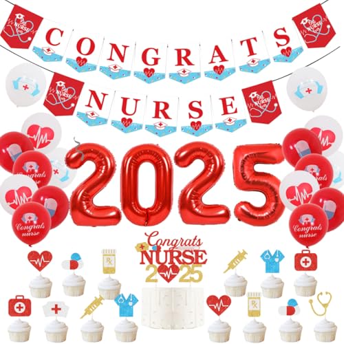 Sursurprise 2025 Krankenschwester-Abschlussdekorationen, Glückwunsch-Krankenschwester-Banner, Kuchendekoration, Cupcake-Topper, 2025 Luftballons für Krankenpflege, medizinische Schule, RN, von Sursurprise