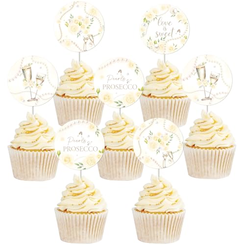 Sursurprise 24Pcs Perlen und Prosecco Cupcake Toppers, Liebe ist süß Braut Dusche Dekorationen, Hochzeit Dusche Bachelorette Verlobung Party Kuchen Dekorationen Zubehör von Sursurprise