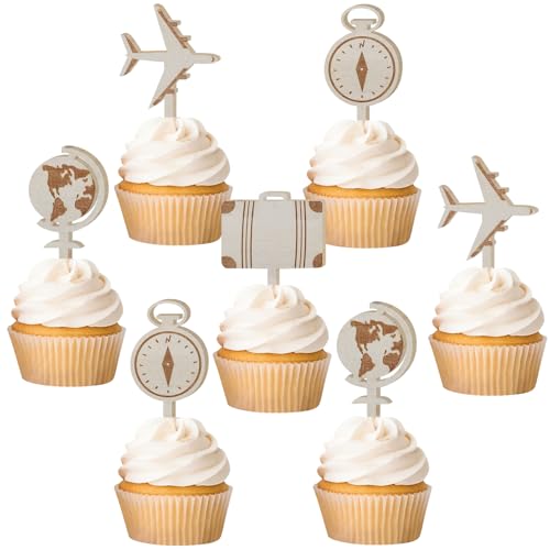 Sursurprise 32PCS Reise Thema Cupcake Toppers hölzerne Flugzeug Koffer Kuchen Toppers für Reise Abenteuer Party Dekorationen Geburtstag Baby Dusche Zubehör von Sursurprise