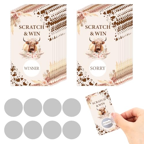 Sursurprise 50 PCS Hochland Kuh Scratch Off Karten, Hochland Kuh Partyspiel, Hochland Rinder Lotterie Preis Verlosung Tickets für Bauernhof Tier Heilige Kuh Geburtstag Baby Shower von Sursurprise