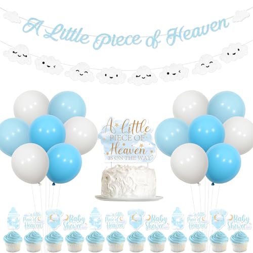 Sursurprise A little Piece of Heaven Babyparty Dekorationen Blau, A Little Piece of Heaven Baby Shower Banner, Cake Topper Ballons, Heavenly Gender Reveal Dekorationen von Sursurprise