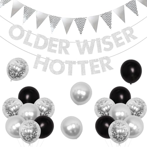 Sursurprise Ältere Wiser Hotter Geburtstagsdekorationen Schwarz und Silber, Ältere Wiser Hotter Banner Lustige Geburtstag Party Supplies für Männer Frauen, Champagner Krone Folienballon Set von Sursurprise