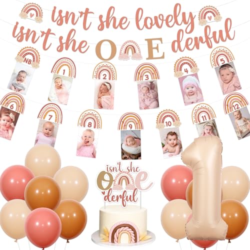 Sursurprise Boho Regenbogen 1. Geburtstag Dekorationen für Mädchen, Isn't She Lovely Isn't She Onederful Photo Banner Cake Topper, Retro Beige Nummer 1 Ballon, Bohemian Rainbow First Birthday Party von Sursurprise