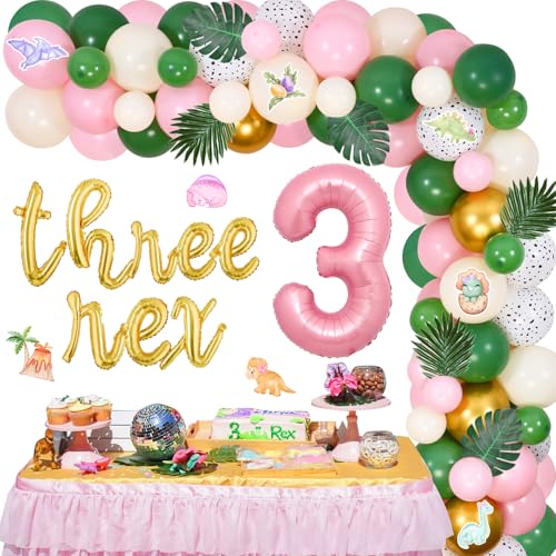 Sursurprise Dinosaurier 3. Geburtstag Dekorationen für Mädchen Drei Rex Ballon Girlande Bogen Kit Rosa Salbeigrün Dinosaurier Karten für 3 Jahre alten dritten Geburtstag Party Supplies von Sursurprise