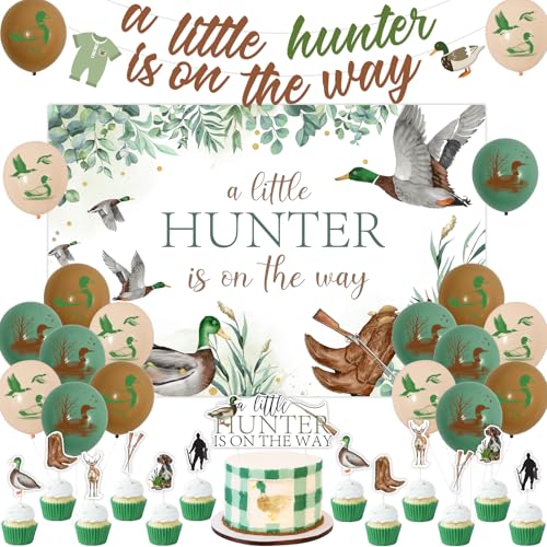 Sursurprise Ente Jagd Baby Dusche Dekorationen, ein kleiner Jäger ist auf dem Weg Mallard Hintergrund Banner Kuchen Cupcake Toppers Ballons Kits für werdende Eltern, neue Mama und Papa Party Supplies von Sursurprise