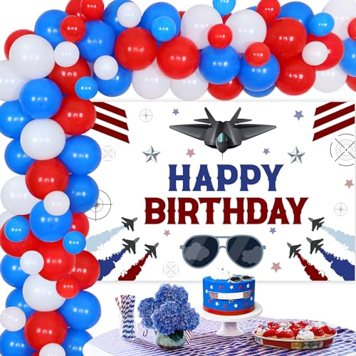 Sursurprise Fighter Jet Geburtstag Dekorationen, Flugzeug Thema Ballon Girlande Bogen Kit mit Fighter Jet alles Gute zum Geburtstag Kulisse, Air Force Pilot Party Supplies von Sursurprise