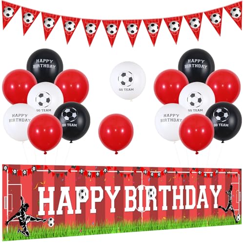 Sursurprise Fußball Geburtstag Dekoration Rot für Jungen, Fußball Happy Birthday Yard Banner Dreieck Wimpelkette Go Team Luftballons Indoor Outdoor Sport Fußball Geburtstag Party Supplies von Sursurprise