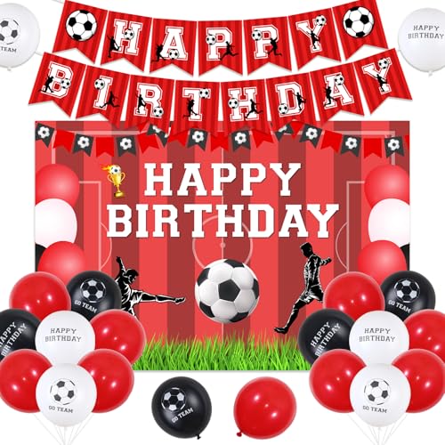 Sursurprise Fußball Geburtstag Dekorationen rot und weiß für Jungen, Fußball alles Gute zum Geburtstag Banner Hintergrund, Go Team Folie Ballons, Fußball Geburtstag Party Supplies von Sursurprise