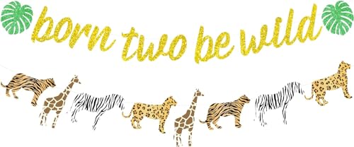 Sursurprise Geboren Zwei Sei Wild Banner Gold Glitter Animal Print Gepard Girlande, Dschungel Safari Thema Wild Two Zweiter Geburtstag Party Dekorationen für Kinder von Sursurprise