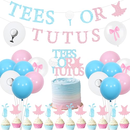 Sursurprise Golf Gender Reveal Dekorationen, Tees oder Tutus Banner Rosa Blau Luftballons Cupcake Topper für Jungen oder Mädchen Golf Baby Shower Geschlecht Offenbarung Party Supplies von Sursurprise