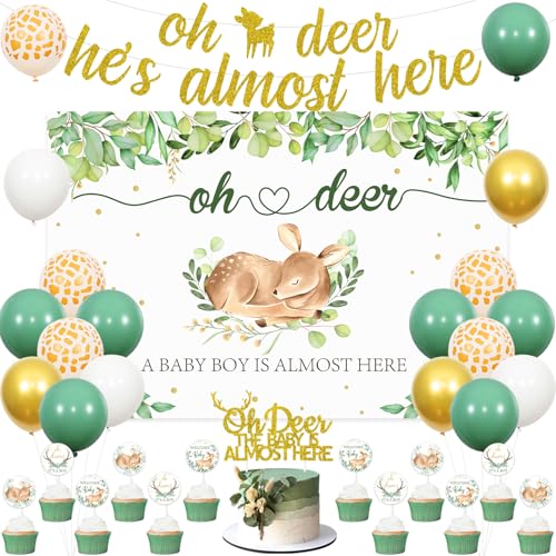 Sursurprise Hirsch-Babyparty-Dekorationen für Jungen, Oh Deer He's Almost Here Banner Hintergrund Kuchen Tapper Cupcake Topper Ballons für Hirsch Wald Tier Baby Shower Party Supplies von Sursurprise