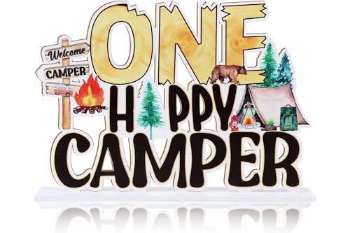 Sursurprise Holz-Tischdekoration mit Aufschrift "One Happy Camper", 1. Geburtstag, Tischdekoration für Jungen und Mädchen von Sursurprise