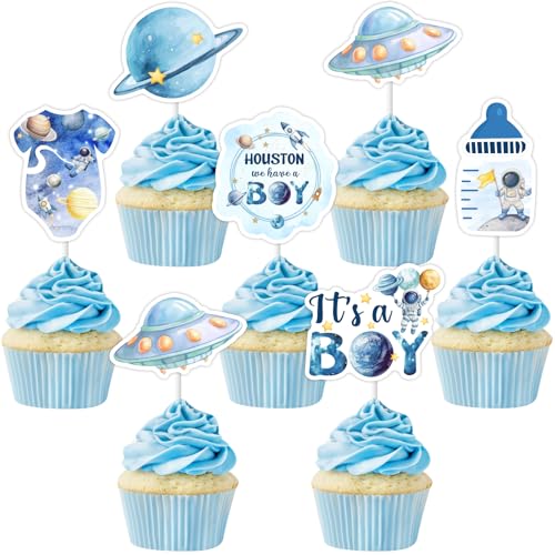 Sursurprise Houston We Have A Boy Cupcake-Topper, Weltraum, Babyparty-Dekorationen für Jungen, Weltraum, Kuchendekorationen, Astronaut, Planet, Rakete, Partyzubehör, 24 Stück von Sursurprise