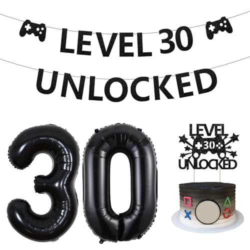 Sursurprise Level 30 Unlocked Geburtstag Dekorationen, Level 30 Unlocked Banner Kuchen Topper Nummer 30 Ballons für Gamer 30. Geburtstag Party Dekorationen, Video Game Geburtstag Party Supplies von Sursurprise