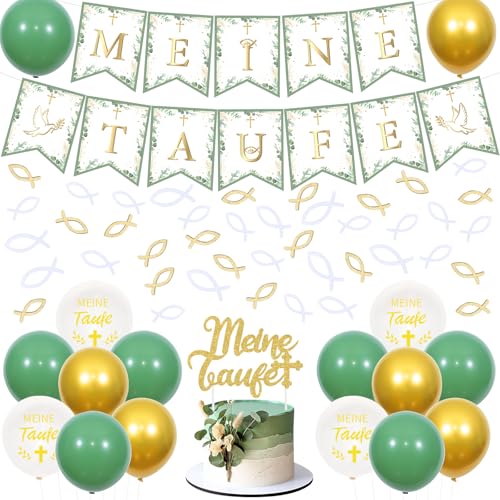 Sursurprise Meine Taufe Deko Grün für Mädchen Junge, Meine Taufe Banner, Tortenaufsatz zur Taufe, Holz Fische Tischdeko, Meine Taufe Luftballons, Kommunion Konfirmation Babyparty Deko von Sursurprise