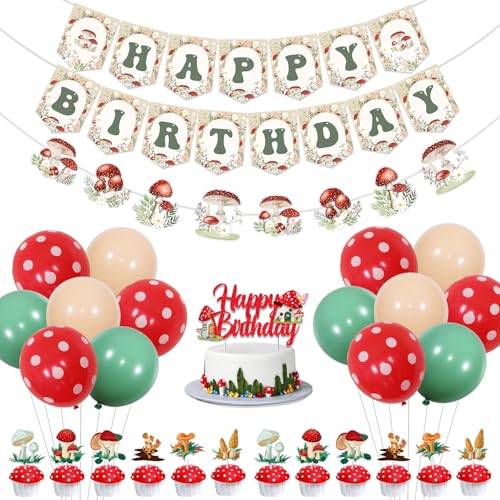 Sursurprise Pilz Geburtstag Dekorationen, Pilz Happy Birthday Banner Luftballons Kuchen Topper Cupcake Toppers Pilz Geburtstag Party Supplies von Sursurprise