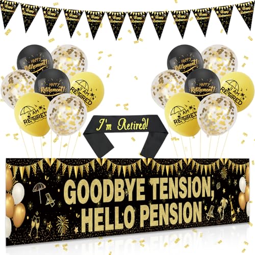 Sursurprise Ruhestand Party Dekorationen Schwarz Gold, Goodbye Tension Hello Pension Yard Banner, I am Retired Schärpe, Ruhestand Luftballons, Happy Retirement Party Supplies für Frauen Männer von Sursurprise