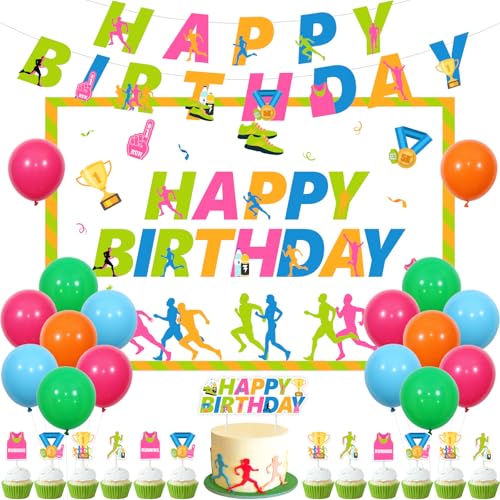 Sursurprise Running Birthday Party Dekorationen, Marathon Runner Geburtstag Banner Hintergrund Kuchen Topper Run Race Cupcake Toppers Ballons, Track Running Cross Country Sport Fitness Bady Supplies von Sursurprise