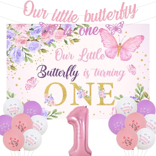 Sursurprise Schmetterling 1. Geburtstag Dekorationen Rosa Lila für Mädchen, Our Little Butterfly is Turning One Backdrop Banner, Schmetterling Nummer 1 Ballon, Schmetterling First Birthday Party von Sursurprise