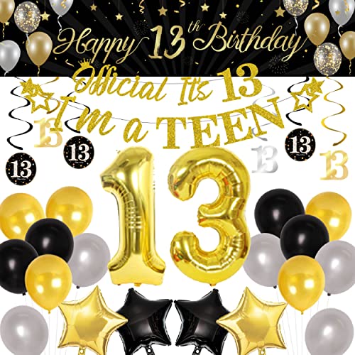 Sursurprise Schwarz und Gold 13. Geburtstag Dekoration Kit Offizielle Teenager Geburtstagsfeier Lieferungen für Jungen Mädchen mit Indoor Outdoor Hintergrund hängende Strudel von Sursurprise