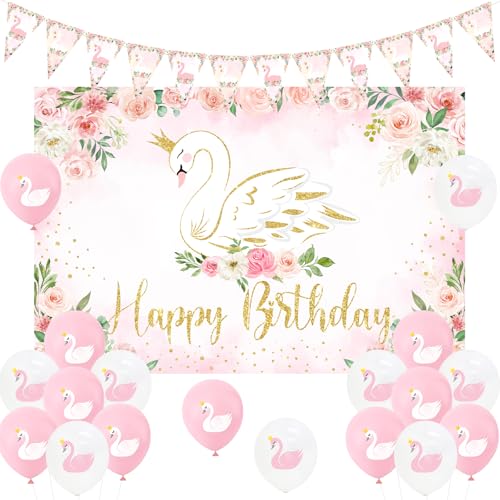 Sursurprise Swan Birthday Party Decorations Pink, Swan Happy Birthday Backdrop, Triangle Flags Banner, Swan Balloons for Girl Birthday Party Supplies von Sursurprise