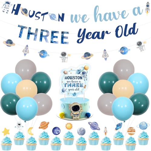 Sursurprise Weltraum 3. Geburtstag Dekorationen, Weltraumthema Houston We Have A Three Year Old Third Bday Banner Planeten Rakete Astronaut Kuchen Cupcake Topper Luftballons, Galaxy Universe Party von Sursurprise