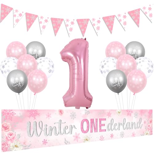 Sursurprise Winter Onederland 1st Birthday Decoraitons for Girl Pink Winter Onederland Yard Banner Garland Snowflake Number 1 Balloon, Winter Wonderland First Birthday Party Supplies von Sursurprise