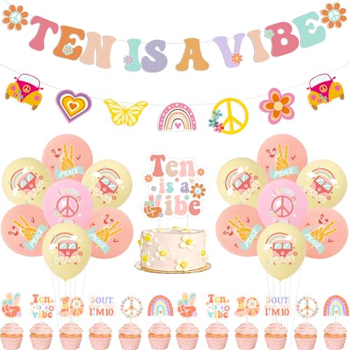 Sursurprise Zehn ist ein Vibe Geburtstag Dekorationen, Zehn ist ein Vibe Banner Kuchen Topper Retro Boho Hippie Banner Cupcake Toppers Ballons für Groovy 10. Geburtstag Party Supplies von Sursurprise