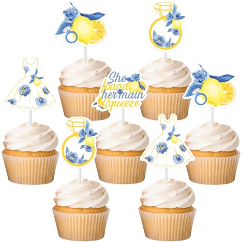 Sursurprise Zitrone und blaue Braut-Dusche-Dekorationen, 24Pcs sie fand ihr Haupt Squeeze Cupcake Toppers, blaue Zitrone Thema Party Cupcake Picks, Braut zu sein Dekor, Bachelorette Party Supplies von Sursurprise