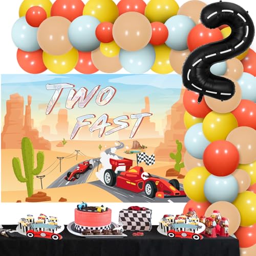 Zwei schnelle Geburtstag Dekorationen Vintage Race Car Geburtstag Party Supplies Retro gedämpft Ballon Girlande Bogen Kit mit Wüste Auto Kulisse für Jungen 2. von Sursurprise