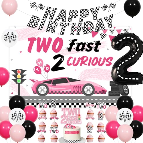 Zwei schnelle Geburtstag Dekorationen für Mädchen, zwei schnelle zwei neugierig Backdrop Kuchen Toppeer Racing Car Banner rosa karierten Rad Ballons, Rennwagen 2. von Sursurprise