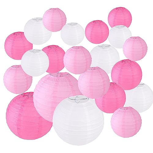 Surwin 21pcs Bunte Papierlaterne Set, Hochzeitsdeko Party Deko Lampions, Rund Papierlampe Hängend Papierlaternen lampions Bunt Gartenparty Deko (21er Set,Rosa) von Surwin