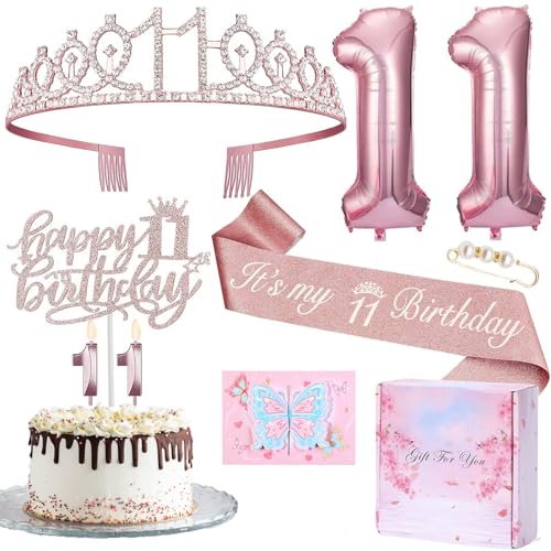 Deko 11 Geburtstag Mädchen, 11. Geburtstagskrone und Schärpe, Tortendeko Geburtstag und Kerzen, Roségold Folienballon 11, 11. Geschenk für Mädchen zum Geburtstag Party Deko Supplies von Susan's Choice