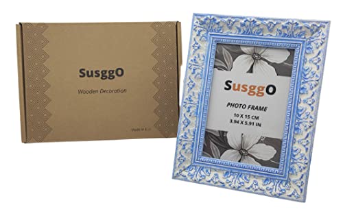 SusggO Bilderrahmen aus Holz – Foto 10 x 15 cm Made in EU (EU) – mit Ständer und Glas – für Tisch und Wandaufhängung, Dekoration für Zuhause, Schreibtisch, Wandschrank (weiß-blau) von SusggO