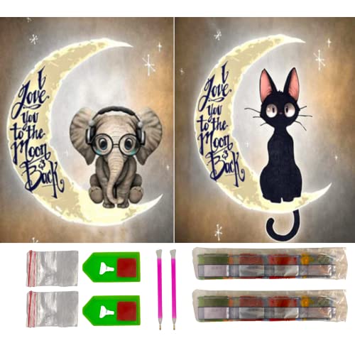 SusggO Set mit 2 Diamantmalereien, 2 Diamantmalerei-Set, 30 x 40 cm, komplettes Zubehör, DIY 5D, Kreuzstich, Stickerei, Basteln, Heimdekoration (Mond Katze, Elefant) von SusggO