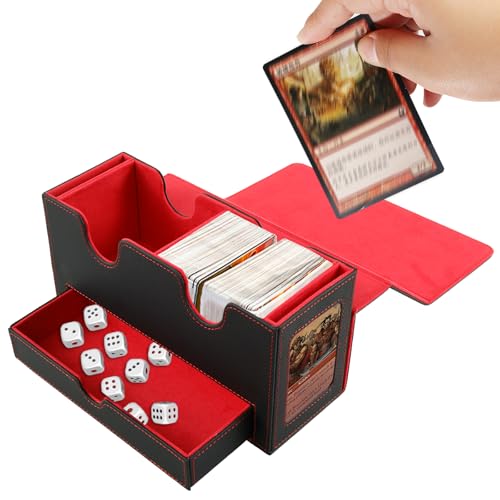 Kartendeck-Box mit Würfelablage, Magnetverschluss, Doppelkarten-Deck-Box, groß, PU-Leder, Kartenaufbewahrungsbox, Magnetkartendeck-Hülle für TCG, CCG, MTG, Magic Game Cards (rot) von Sutowe