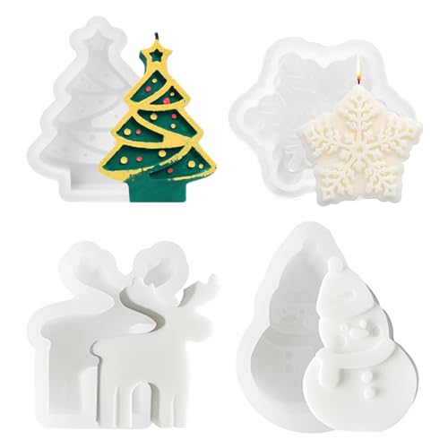 Suuwwn Silikonform Weihnachten,4 Stück Weihnachtsbaum Kerzenform Schneemann, Elch, Schneeflocken, Weihnachtsbaum Kerze Silikonform Kerzengießform Für Duftkerzen, Seifen, Süßigkeiten von Suuwwn