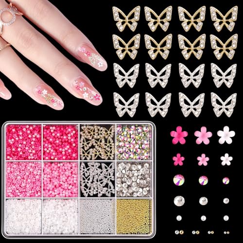 3D Nageldekorations Sets, Blumen Nagel Charms mit Perlen Gold Silber Caviar Beads, Schmetterling Nagelstecker Strasssteine für Manicure DIY Crafts Jewelry Accessories (MIX-D) von Suxgumoe